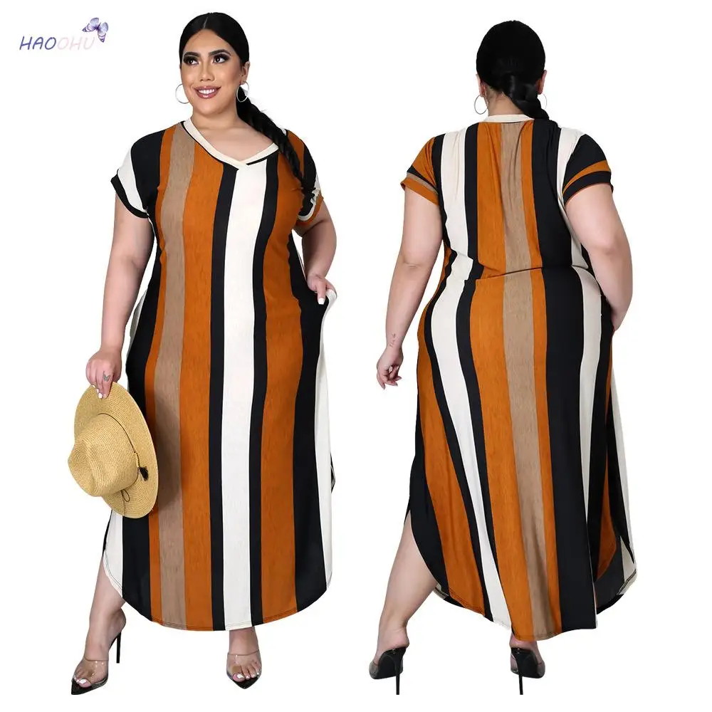 HAOOHU 2021 Summer New Casual V-neck Large Size Short Sleeve Dress Women's Fashion Striped Women's Maxi Dress Drom Dresses
HAOOHU 2021 Summer New Casual V-neck Large Size Short Sleeve Dress Women's Fashion Striped Women's Maxi Dress Drom Dresses