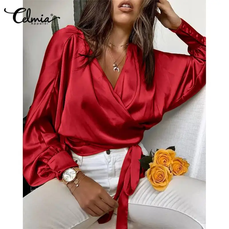Autumn Fashion Women Satin Wrap Shirts 2022 Celmia Elegant Long Bat Sleeve Cross V Neck Bandage Waisted Tops Haut Style Blouses
Autumn Fashion Women Satin Wrap Shirts 2022 Celmia Elegant Long Bat Sleeve Cross V Neck Bandage Waisted Tops Haut Style Blouses