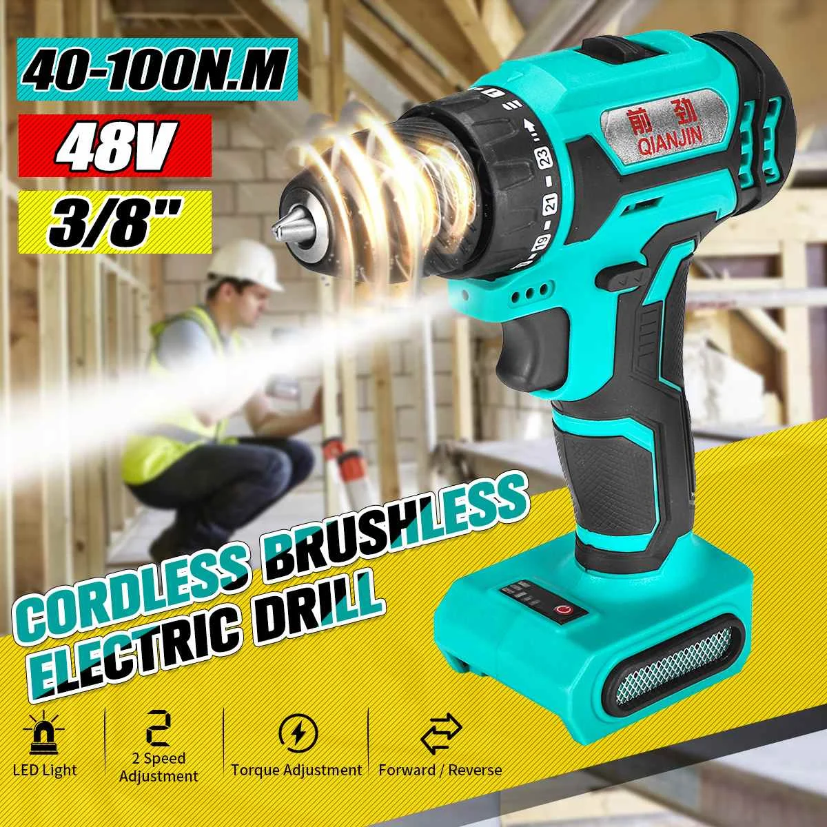 48V Impact Function 2-Speed Electric Drill Wireless Driver Hand Power Tools 3/8'' Chuck 100N.M Electric Screwdriver
48V Impact Function 2-Speed Electric Drill Wireless Driver Hand Power Tools 3/8'' Chuck 100N.M Electric Screwdriver