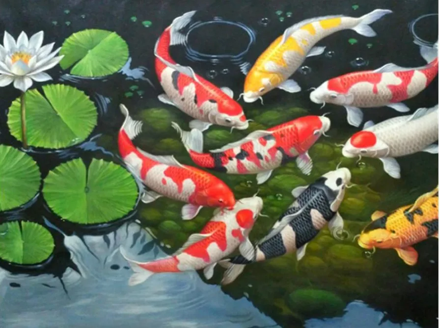 Алмазная вышивка ручной работы с карпом и прудом, алмазная живопись «сделай сам» с изображением рыб, кои и Лоту, цветов, вышивка крестиком, с...