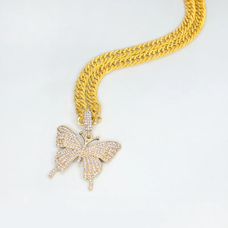 Set Cuban Link Chain Choker Necklace Gifts for Women Butterfly Chains Bling Hip Hop Pendant Gold Rhinestone Butterfly Necklace