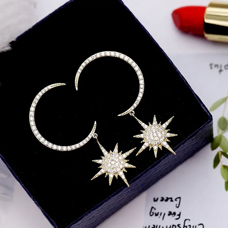 New Net Red Tide exaggerated C-shaped moon star earrings zircon micro-set S925 silver needle jewelry | Украшения и аксессуары