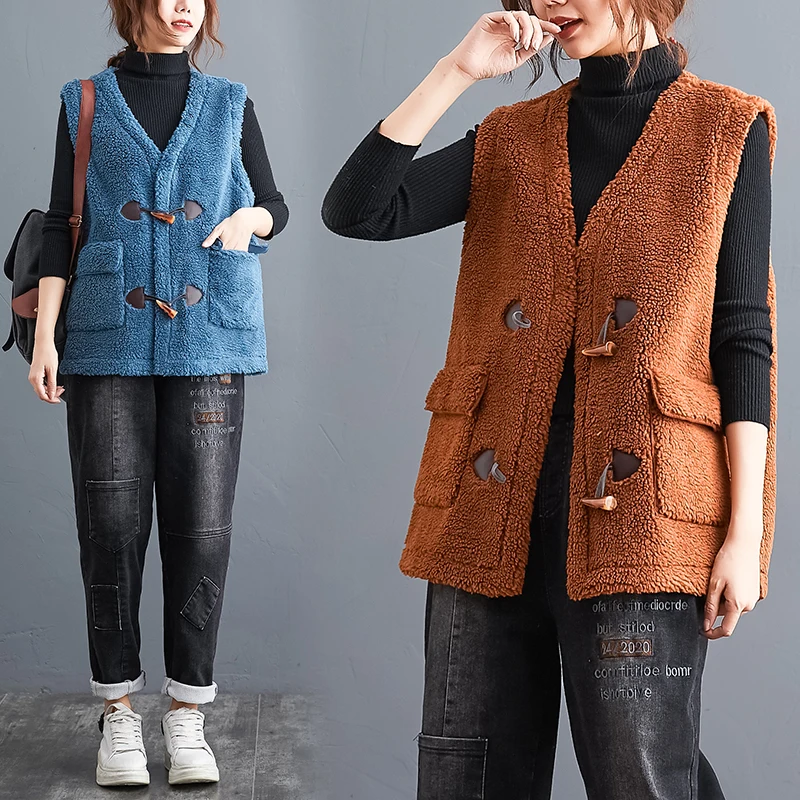 Vest Women Solid Loose Horn Buckle Trendy Korean Style Sleeveless V-Neck All-match Female Coats Simple Leisure Outwear Chic 2021
Vest Women Solid Loose Horn Buckle Trendy Korean Style Sleeveless V-Neck All-match Female Coats Simple Leisure Outwear Chic 2021