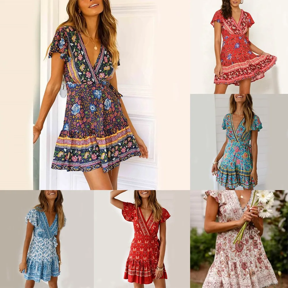 Summer Casual Vintage Women Hippie Floral Flower Print Mini Dresses V-neck Loose Bohemian Short Sleeve Beach Wrap Dresses 2021
Summer Casual Vintage Women Hippie Floral Flower Print Mini Dresses V-neck Loose Bohemian Short Sleeve Beach Wrap Dresses 2021