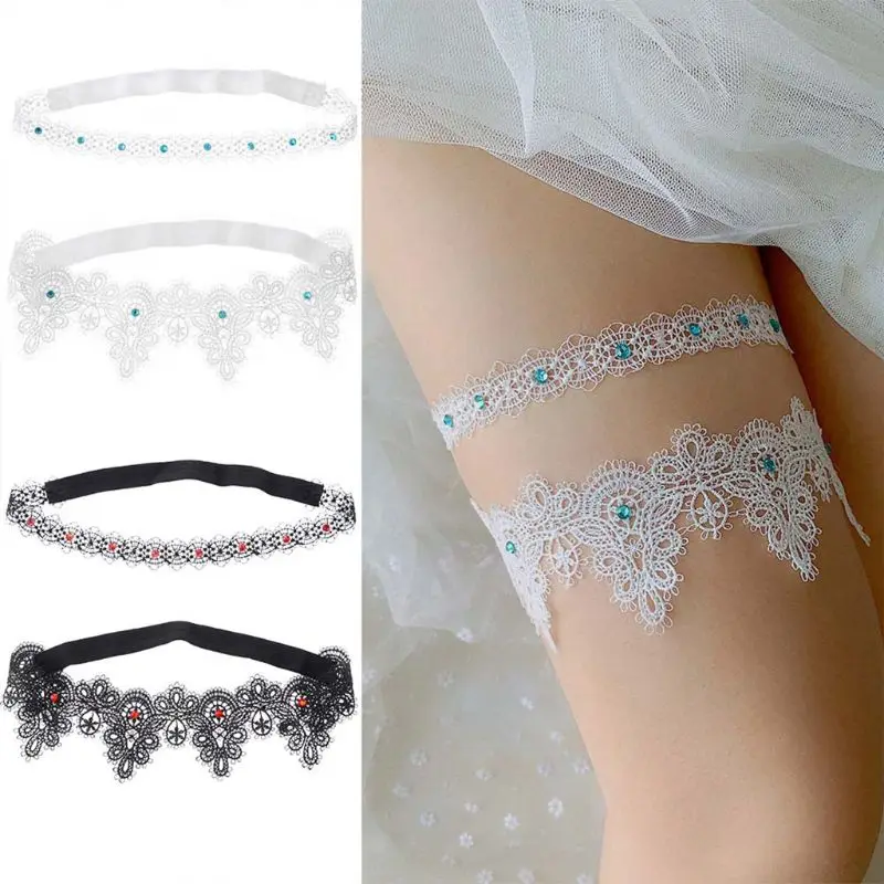 

2Pcs Western Wedding Bridal Thigh Garters Rhinestone Embellished Holow Embroidery Lace Stretch Leg Rings Loop Lingere