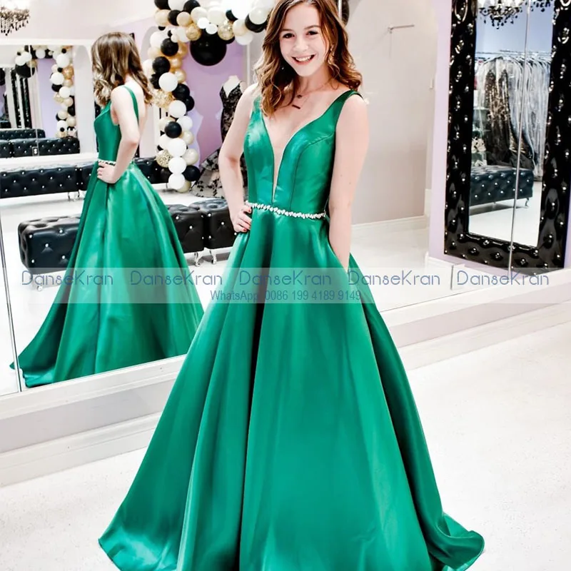 Illusion Deep V-neck Formal Evening Dresses with Pockets Bead Belt V-Back Floor Length A-line Green Satin Prom Dresses for Party
Illusion Deep V-neck Formal Evening Dresses with Pockets Bead Belt V-Back Floor Length A-line Green Satin Prom Dresses for Party