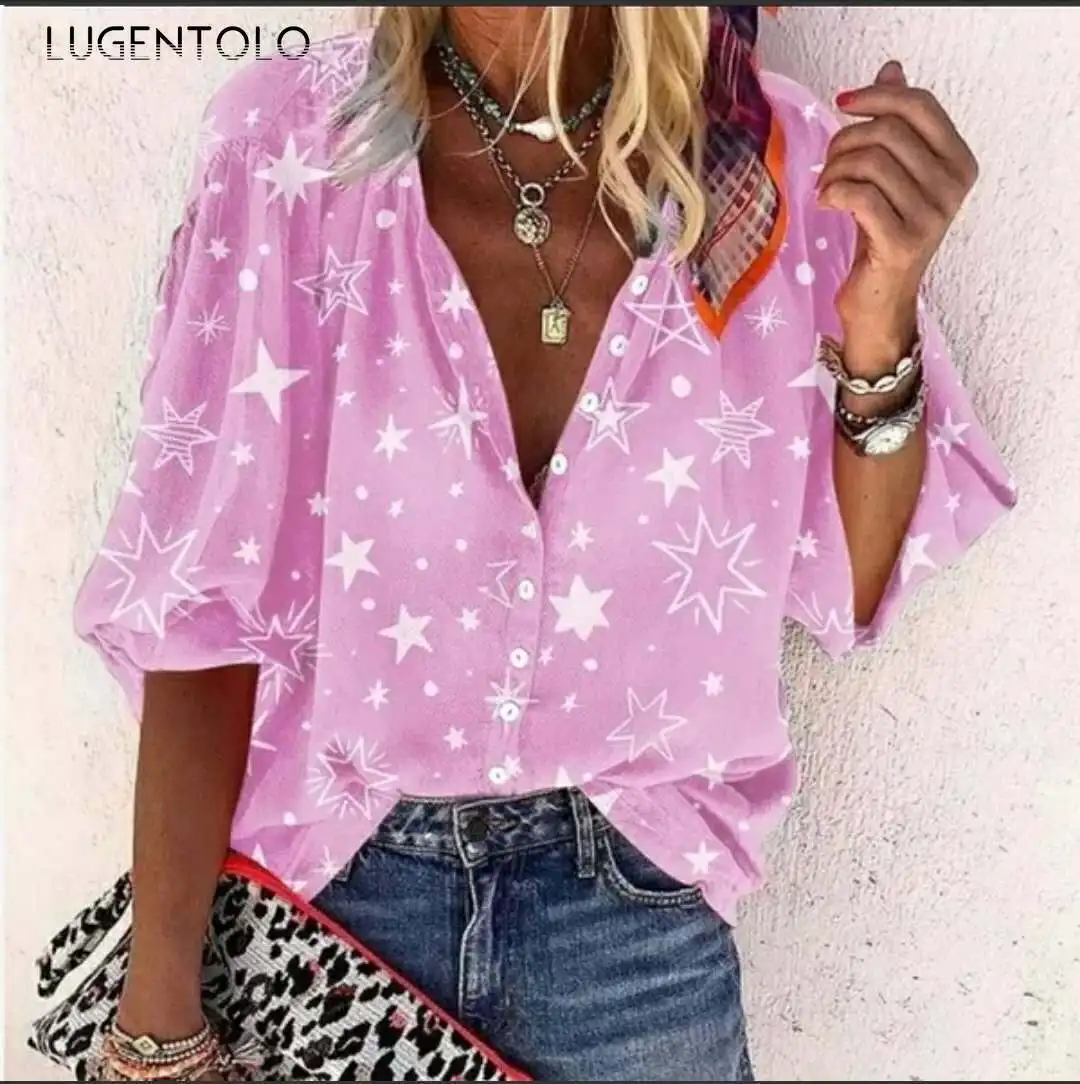 Рубашка Lugentolo женская с коротким рукавом, Свободная блуза с принтом звезд, модная сорочка с тонкими пуговицами и лацканами, большие размеры, ... 
Рубашка Lugentolo женская с коротким рукавом, Свободная блуза с принтом звезд, модная сорочка с тонкими пуговицами и лацканами, большие размеры, ...