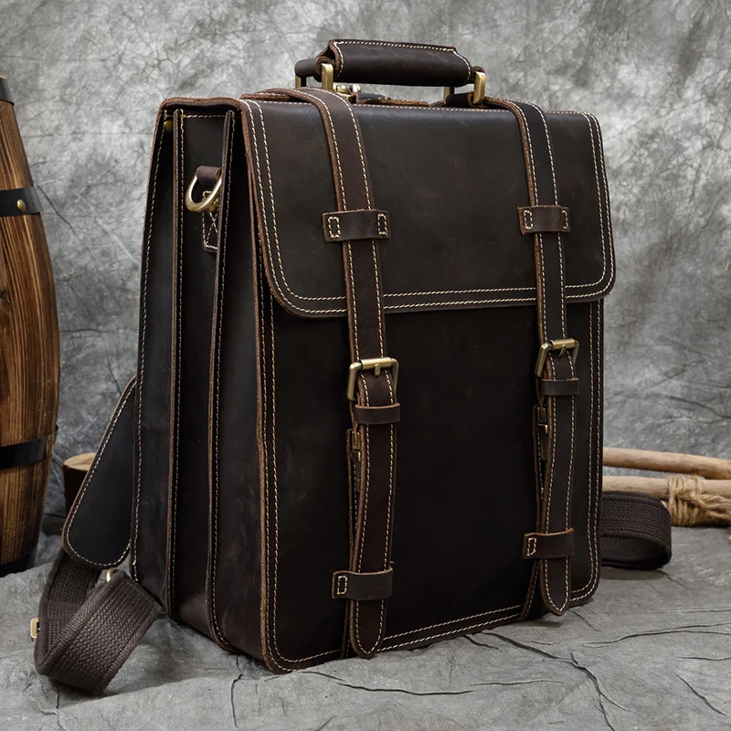 

Men Genuine Leather Backpack 14" Laptop Bag Crazy Horse Leather Business Tote Bag 2 Use Cow Leather Rucksack Weekend Bag Daypack