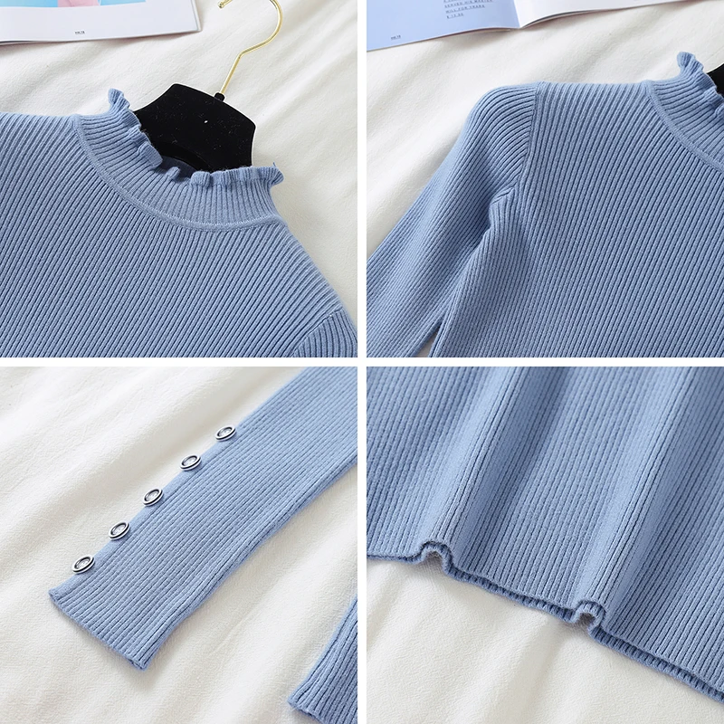 Women Knitted Ruffles Turtleneck Buttons Long-Sleeved Sweaters Pullovers Female Knitting All-match Sweaters Tops Girls
Women Knitted Ruffles Turtleneck Buttons Long-Sleeved Sweaters Pullovers Female Knitting All-match Sweaters Tops Girls