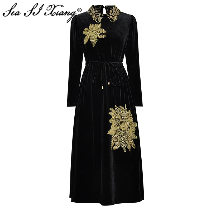 Seasixiang Fashion Designer Spring Velvet Dress Women Embroidery Turn-down Collar Beading Floral Black Velvet Lace-up Dresses
Seasixiang Fashion Designer Spring Velvet Dress Women Embroidery Turn-down Collar Beading Floral Black Velvet Lace-up Dresses