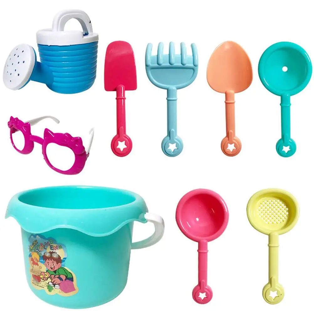 

9pcs Of Children Outdoor Beach Toy Set Bucket Watering Can Rake Shovel Spoon Funnel Sieve Play In Water Play In Sand Game Toy