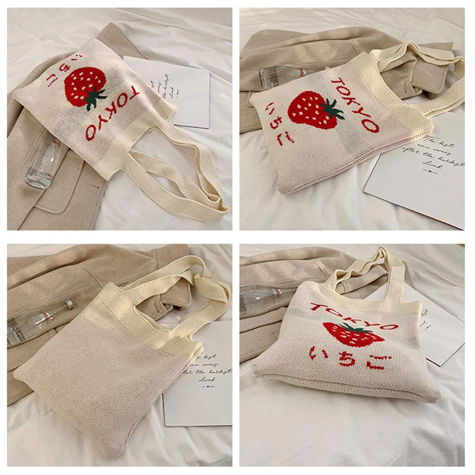 Female Bags Sweet Strawberry Braid Handbag Teenager Japanese Style Kawaii Cute Knitting Daily Anime Cosplay Soft Top-Handle Bag 
Female Bags Sweet Strawberry Braid Handbag Teenager Japanese Style Kawaii Cute Knitting Daily Anime Cosplay Soft Top-Handle Bag