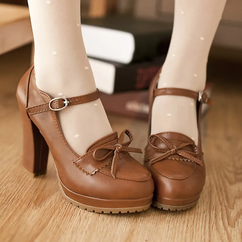 

Japanese Sweet Lolita Shoes Elegant Vintage Princess Bowknot Korean Harajuku Style Heavy-Bottomed High-heeled Lolita Girls Shoes