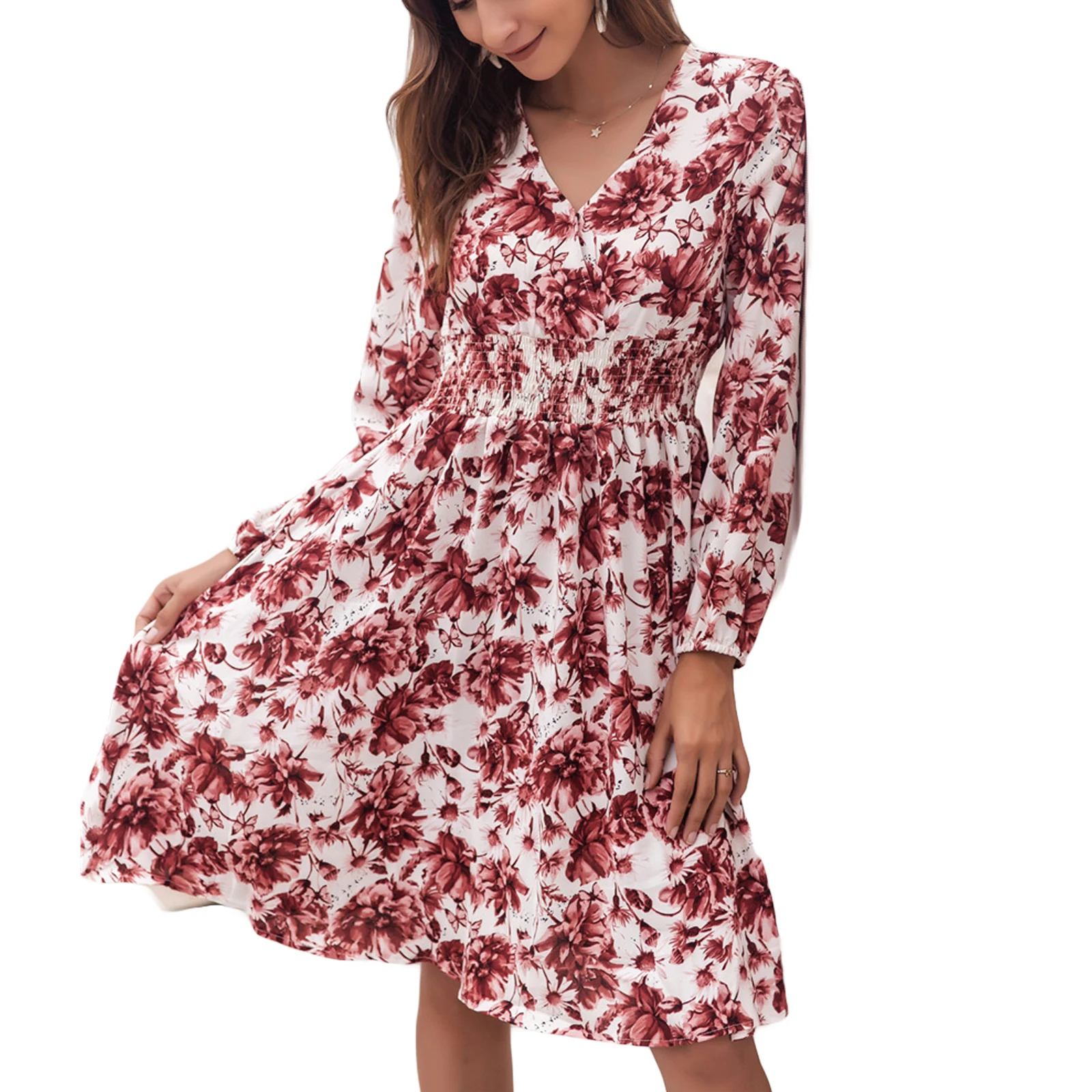 2021 New Bohe Dresses Fashion Women Summer Casual Dress Floral V-Neck Long Sleeves Slim-Waist Knee-Length Skirt for Ladies, Pink
2021 New Bohe Dresses Fashion Women Summer Casual Dress Floral V-Neck Long Sleeves Slim-Waist Knee-Length Skirt for Ladies, Pink