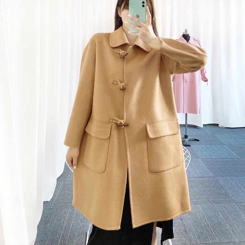 

Женское двустороннее кашемировое пальто, длинное однотонное пальто свободного покроя с пряжкой-Рогом, одежда для осени и зимы, 2021