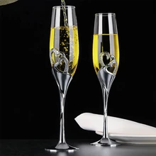 2Pcs 400ml Wedding Champagne Glass Set Toasting Flute Glasses with Rhinestone Crystal Rimmed Hearts Decor Drink Goblet Cup