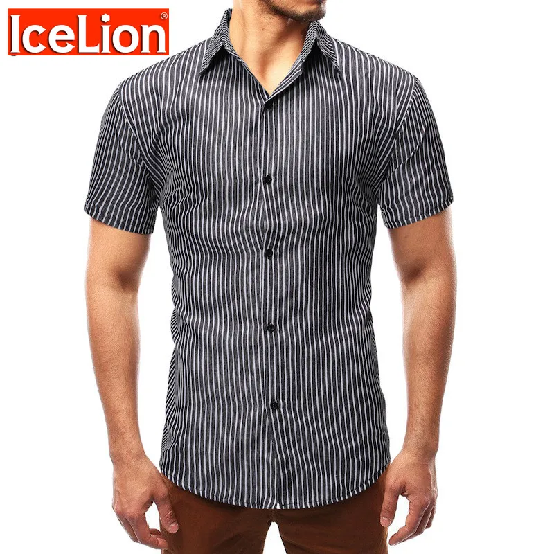 

Icelion 2023 New Summer Casual Fashion Shirts Men Short Sleeve Striped Men's Shirts Turn-down Collar Single Breasted Man Shirts