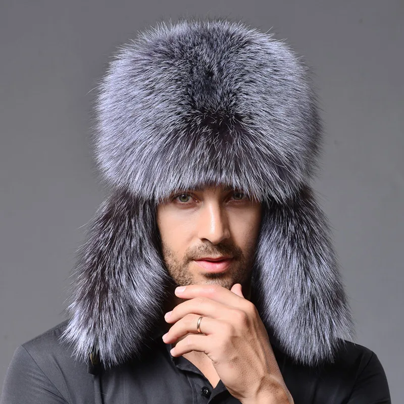 Russian leather bomber hat men winter hats with earmuffs trapper earflap cap man real raccoon fur black fox hatska | Аксессуары для