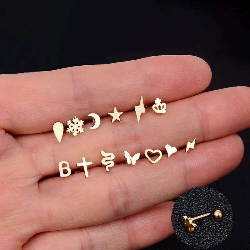 1Pcs Stainless Steel Mini Stud Earrings Heart Star Moon Cross Butterfly Snake Helix Cartilage Tragus Lobe Ear Piercing Jewelry
1Pcs Stainless Steel Mini Stud Earrings Heart Star Moon Cross Butterfly Snake Helix Cartilage Tragus Lobe Ear Piercing Jewelry