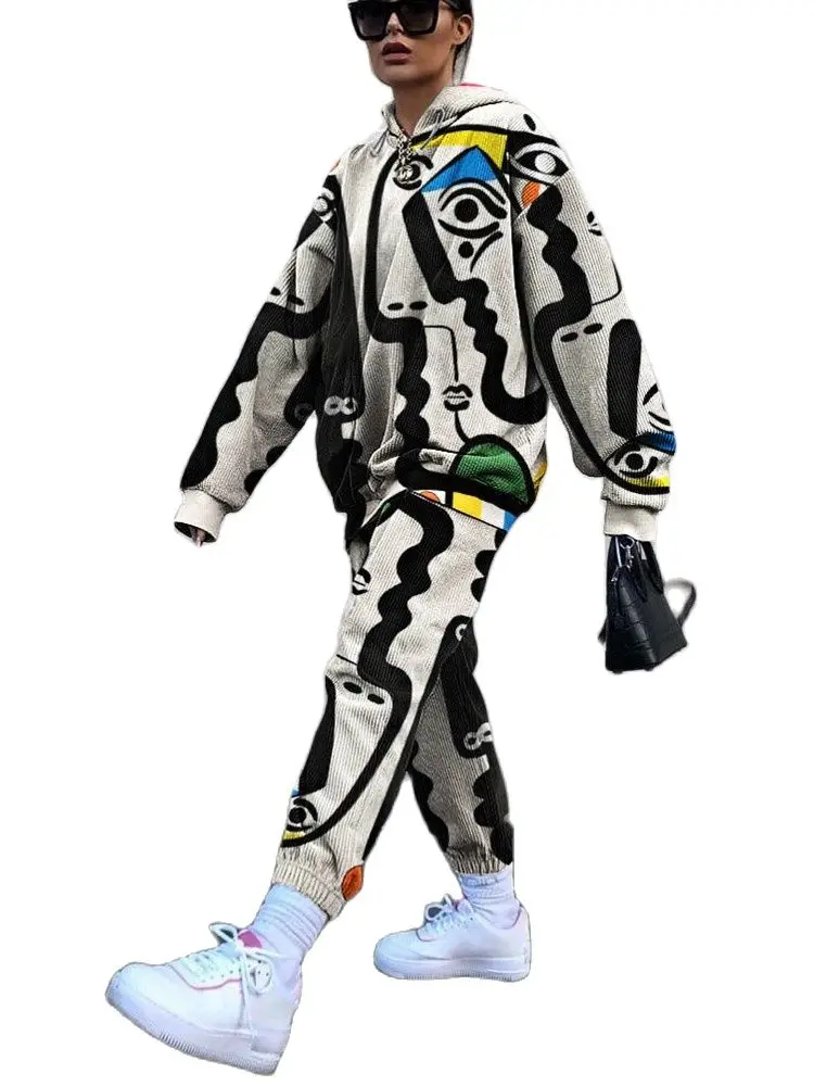Fashionable New Corduroy Two-Qiece Women's Jacket And Trousers With Abstract Digital Printing High-Quality Casual Suit In Winter
Fashionable New Corduroy Two-Qiece Women's Jacket And Trousers With Abstract Digital Printing High-Quality Casual Suit In Winter