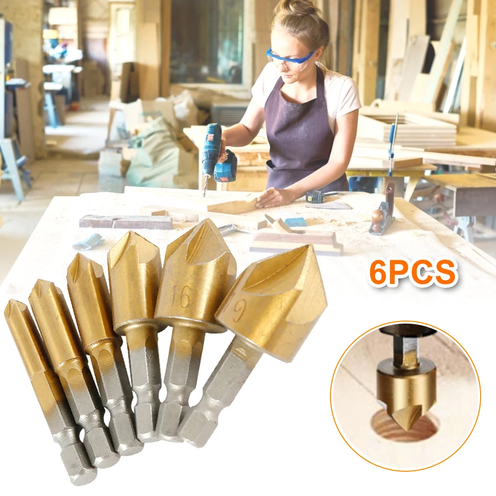 6 Pcs Flute Countersink Drill Bit Set Center Punch Set 1/4'' Hex Shank HSS 5 Flute Countersink 90 Degree Center Punch 6mm-19mm
6 Pcs Flute Countersink Drill Bit Set Center Punch Set 1/4'' Hex Shank HSS 5 Flute Countersink 90 Degree Center Punch 6mm-19mm