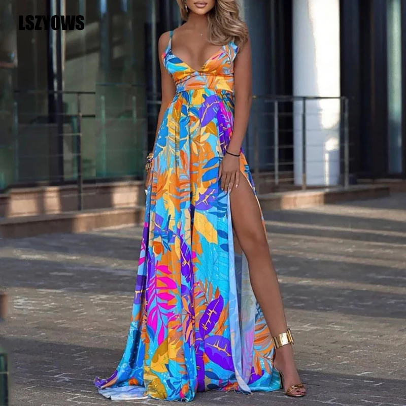 Leaf Print High Slit Maxi Dress Women Sleeveless V-Neck Straps Sexy Long Bohemian Dresses Summer Beach Holiday Sundress Vestidos 
Leaf Print High Slit Maxi Dress Women Sleeveless V-Neck Straps Sexy Long Bohemian Dresses Summer Beach Holiday Sundress Vestidos