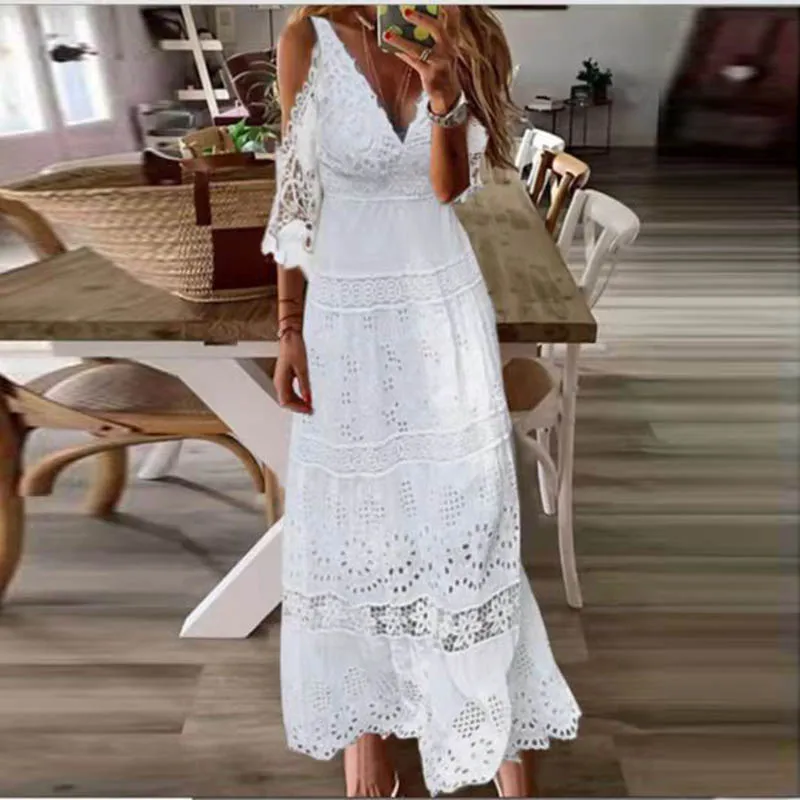 Sexy Women Deep V-neck Lace Hollow Out Maxi Dress Spring Autumn Solid Color Half Sleeve A-line Party Dress Elegant Lady Vestidos
Sexy Women Deep V-neck Lace Hollow Out Maxi Dress Spring Autumn Solid Color Half Sleeve A-line Party Dress Elegant Lady Vestidos