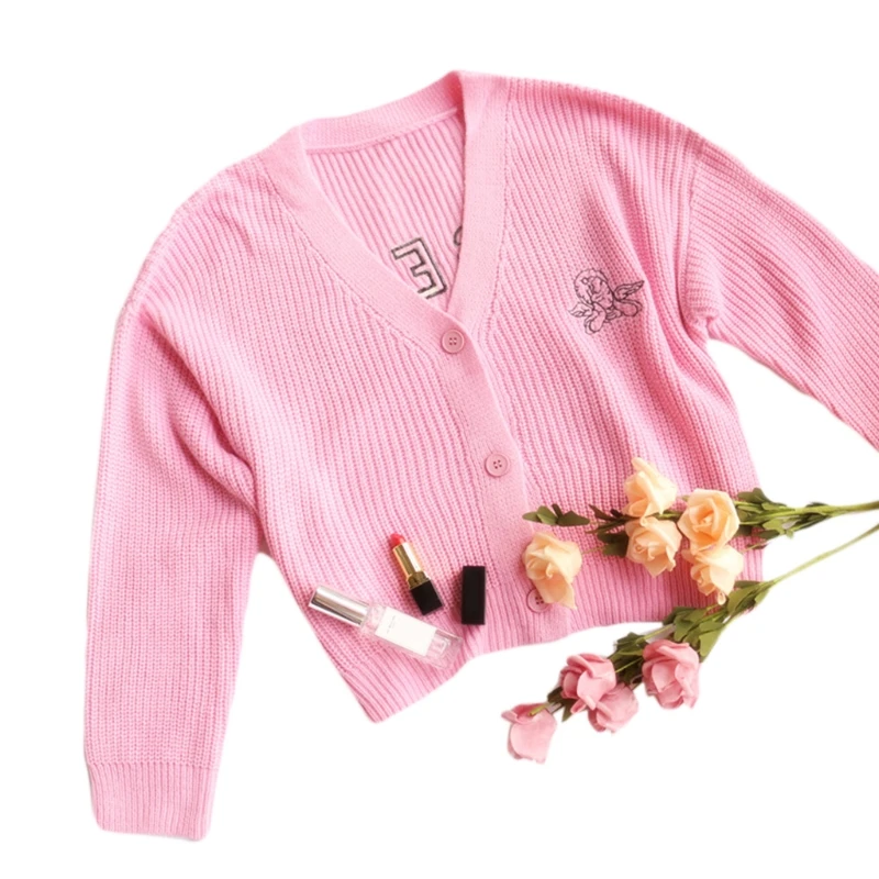 Women Long Sleeve Cardigan Harajuku Angel Letter Embroidery Pink Sweater Coat Ribbed Knit Buttons Oversized Jacket 
Women Long Sleeve Cardigan Harajuku Angel Letter Embroidery Pink Sweater Coat Ribbed Knit Buttons Oversized Jacket