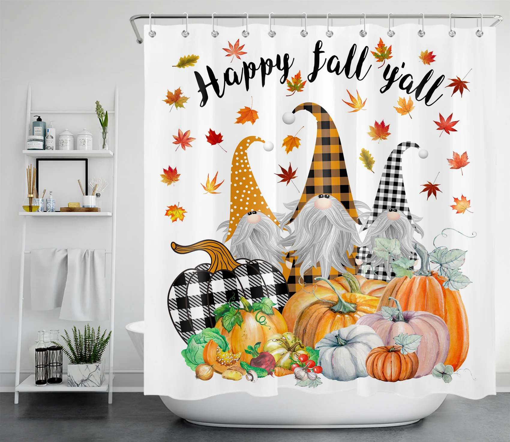Autumn Harvest Thanksgiving Day Shower Curtain Set with Hooks, Funny Gnome Pumpkins Happy Fall Y'all For Bathroom Decor
Autumn Harvest Thanksgiving Day Shower Curtain Set with Hooks, Funny Gnome Pumpkins Happy Fall Y'all For Bathroom Decor