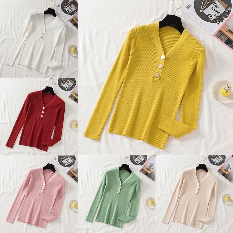 Fashion Autumn Solid Slim V-neck Button Sweater Long-sleeved Sweater Casual Women Pullovers
Fashion Autumn Solid Slim V-neck Button Sweater Long-sleeved Sweater Casual Women Pullovers