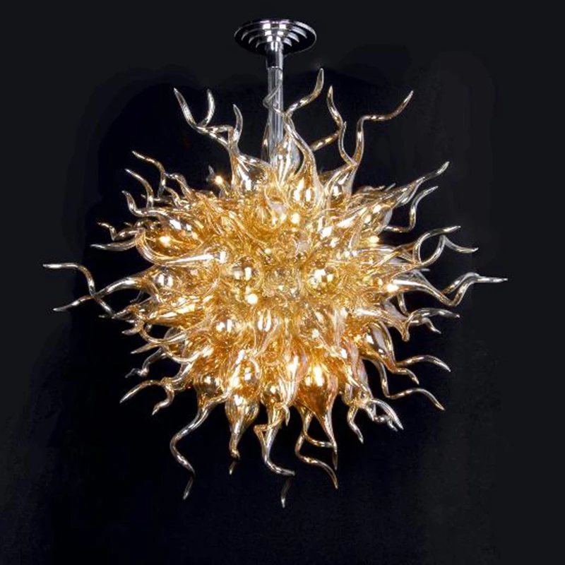 

100% Amber Golden Hand Blown Artistic Lamp Murano Glass Chandeliers Hotel Stair Decor