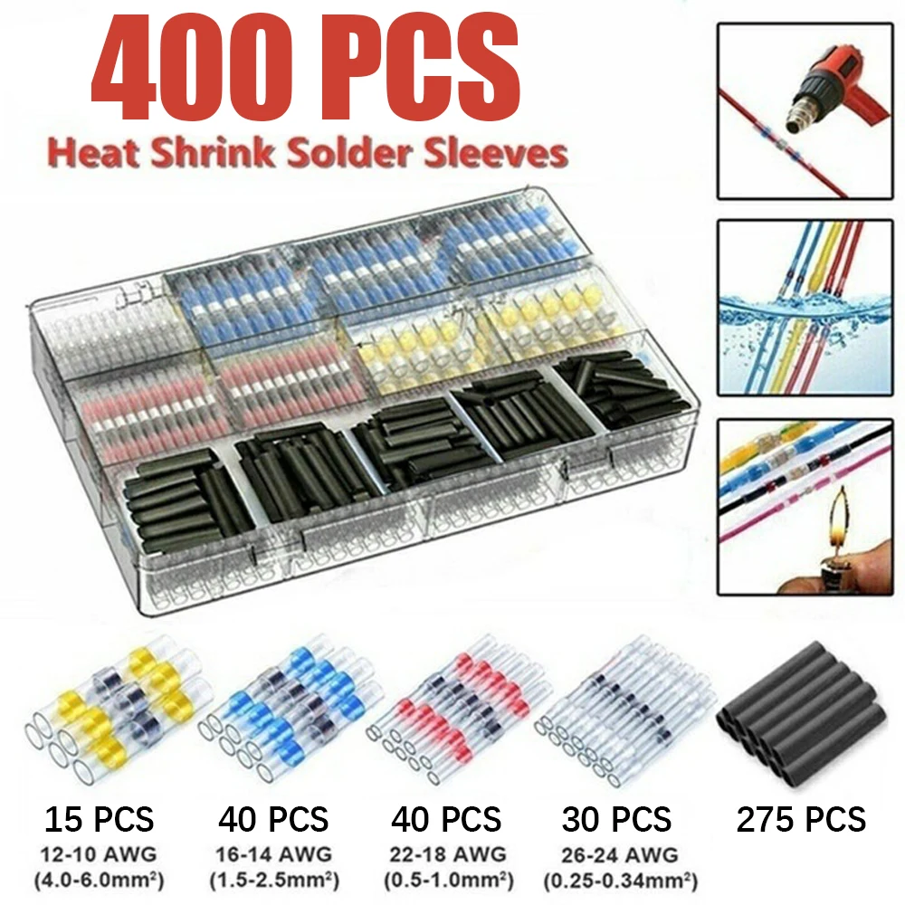 50/400/600 PCS Heat Shrink Butt Crimp Terminals Waterproof Solder Seal Electrical Butt Connectors Wire Cable Splice Terminal Kit
50/400/600 PCS Heat Shrink Butt Crimp Terminals Waterproof Solder Seal Electrical Butt Connectors Wire Cable Splice Terminal Kit