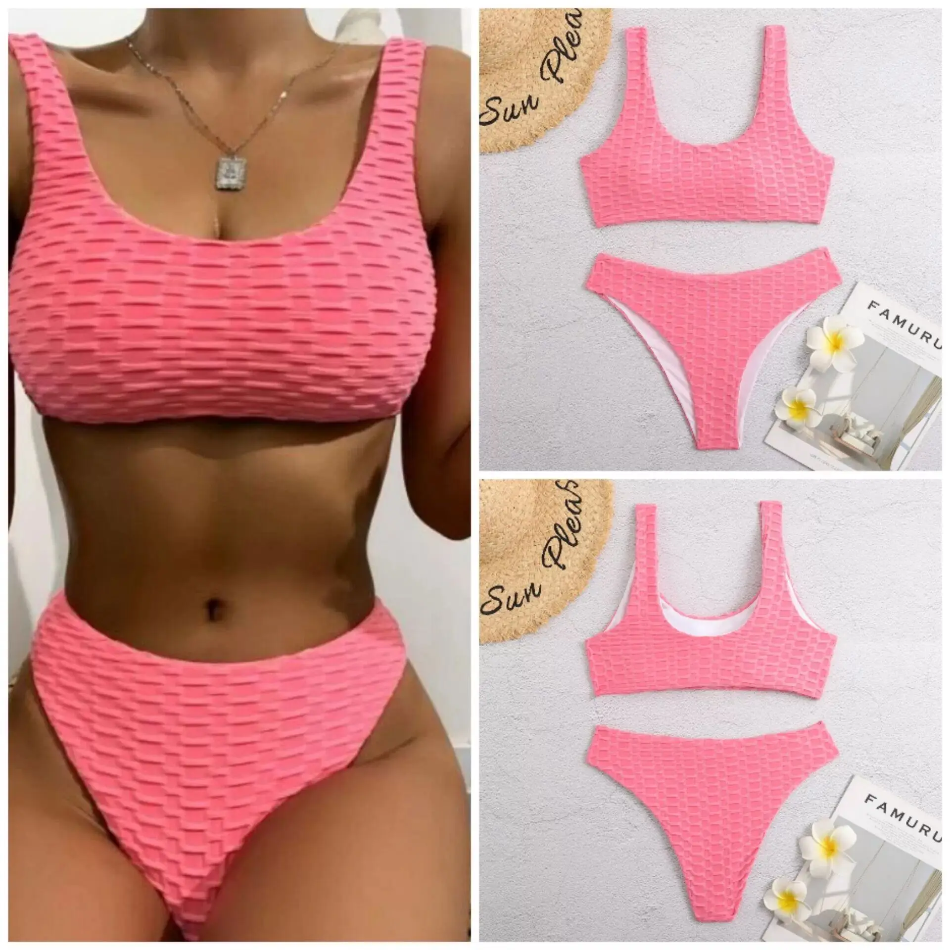 

Women's Scoop Neck High Waisted Bikini Bathing Suits Two Piece Swimsuits Padded Swimwewar Solid Bathing Suit Crop Top Bikinis