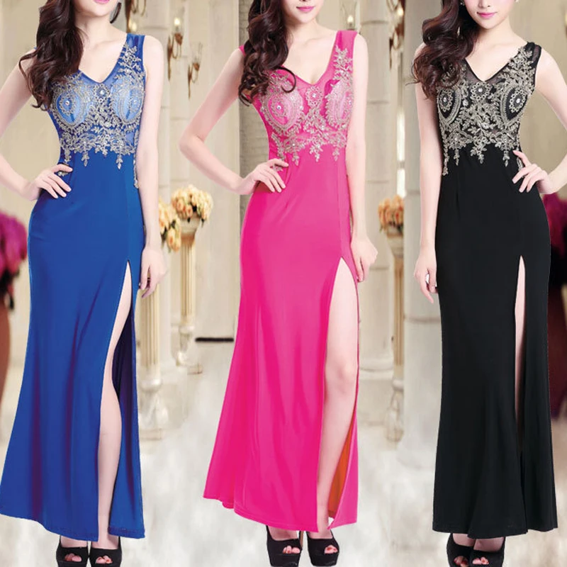 Sexy V Neck Sleeveless Plus Size Evening Dresses Lady Elegant Appliques High Split Slim Full Length Cocktail Vestidos De Noche 
Sexy V Neck Sleeveless Plus Size Evening Dresses Lady Elegant Appliques High Split Slim Full Length Cocktail Vestidos De Noche