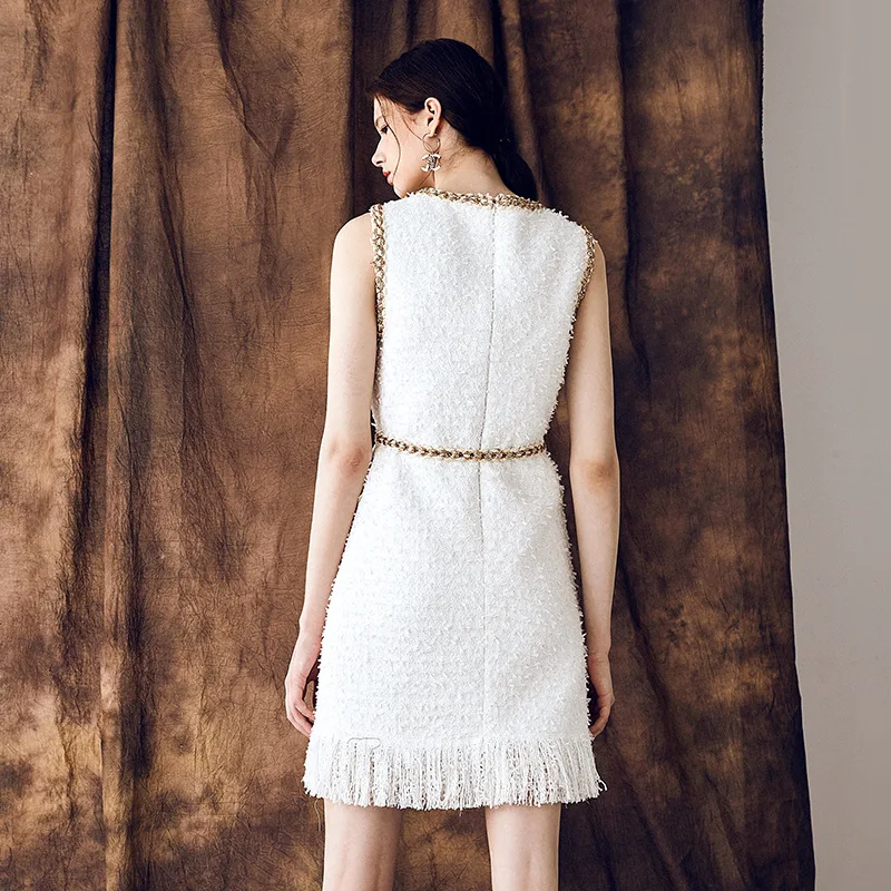 Chic Women's elegant sleeveless tweed dress Brand new high quality tassels dress B806
Chic Women's elegant sleeveless tweed dress Brand new high quality tassels dress B806