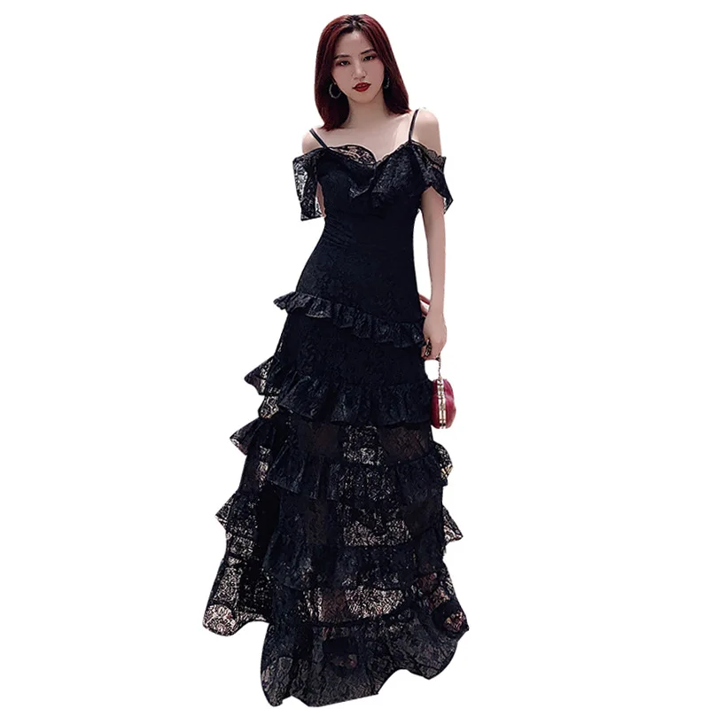 Black Suspenders Sexy Evening Dress Dignified and Elegant Long Banquet Dress Skirt Women Birthday Party Elegant Prom Dress A070 
Black Suspenders Sexy Evening Dress Dignified and Elegant Long Banquet Dress Skirt Women Birthday Party Elegant Prom Dress A070