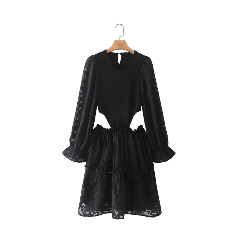 

Женское ажурное платье LD Helly, черное элегантное вечернее платье выше колена с круглым вырезом и оборками на талии, лето 2021