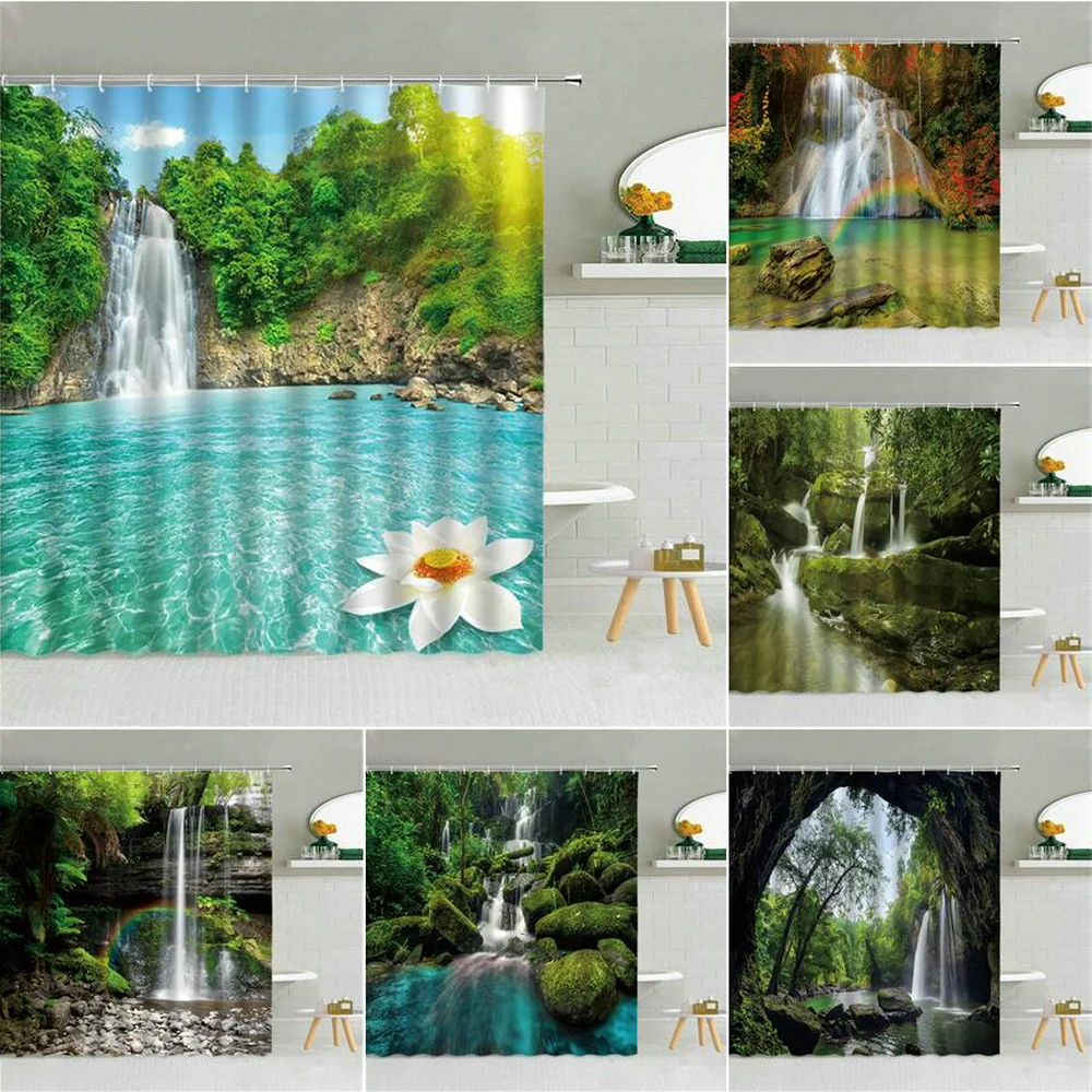 

Forest Natural Scenery Shower Curtain Waterfall Lake Flower Sunny Spring Landscape Bath Decor Hooks Curtains Waterproof Cloth