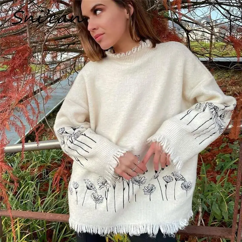 Black Floral Beige Fringes Sweater Mock Neck Plus Size Large Casual Women Pullover Fashion Autumn Winter Female Chic Tops 2021 
Black Floral Beige Fringes Sweater Mock Neck Plus Size Large Casual Women Pullover Fashion Autumn Winter Female Chic Tops 2021