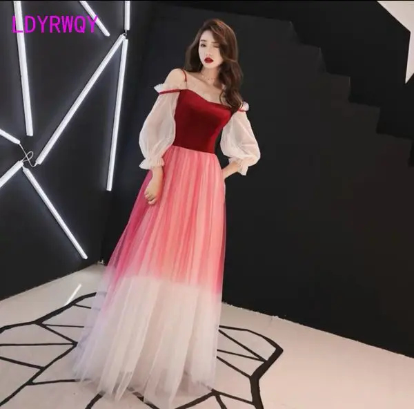 

2021 autumn and winter new one-shoulder lantern sleeves long section ladies banquet slim dress Floor-Length Zippers