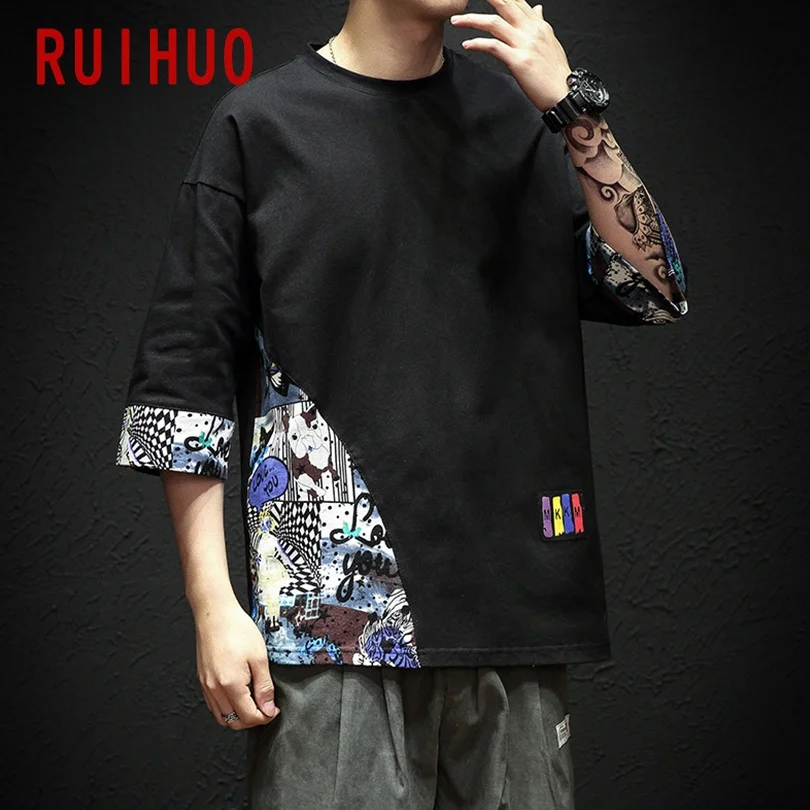 Футболка RUIHUO мужская с рукавом до локтя льняная хлопковая рубашка в стиле