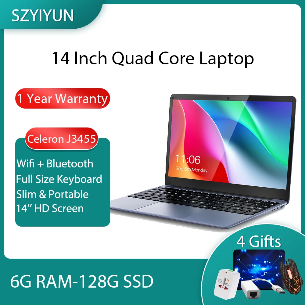 

Quad Core 6GB RAM Laptop 14 Inch Intel Celeron J3455 Slim Notebook PC Computer HD Screen Portable Business Office Netbook 2.3GHz