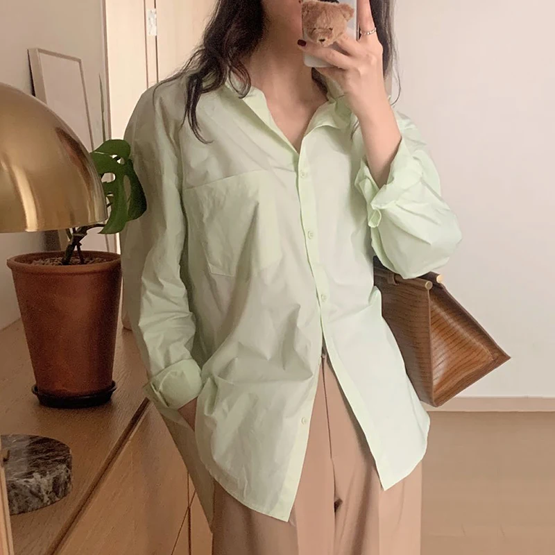 Korejpaa Women Shirt 2021 Korean Fashion Simple Wild Solid Lapel Single Breasted Loose Casual Versatile Long Sleeve Blouses Top
Korejpaa Women Shirt 2021 Korean Fashion Simple Wild Solid Lapel Single Breasted Loose Casual Versatile Long Sleeve Blouses Top