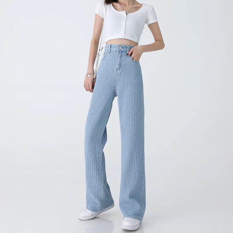 

Женские трикотажные прямые джинсы, новинка 2021, модные женские синие широкие брюки с высокой талией, свободные Промытые хлопковые джинсовые ...