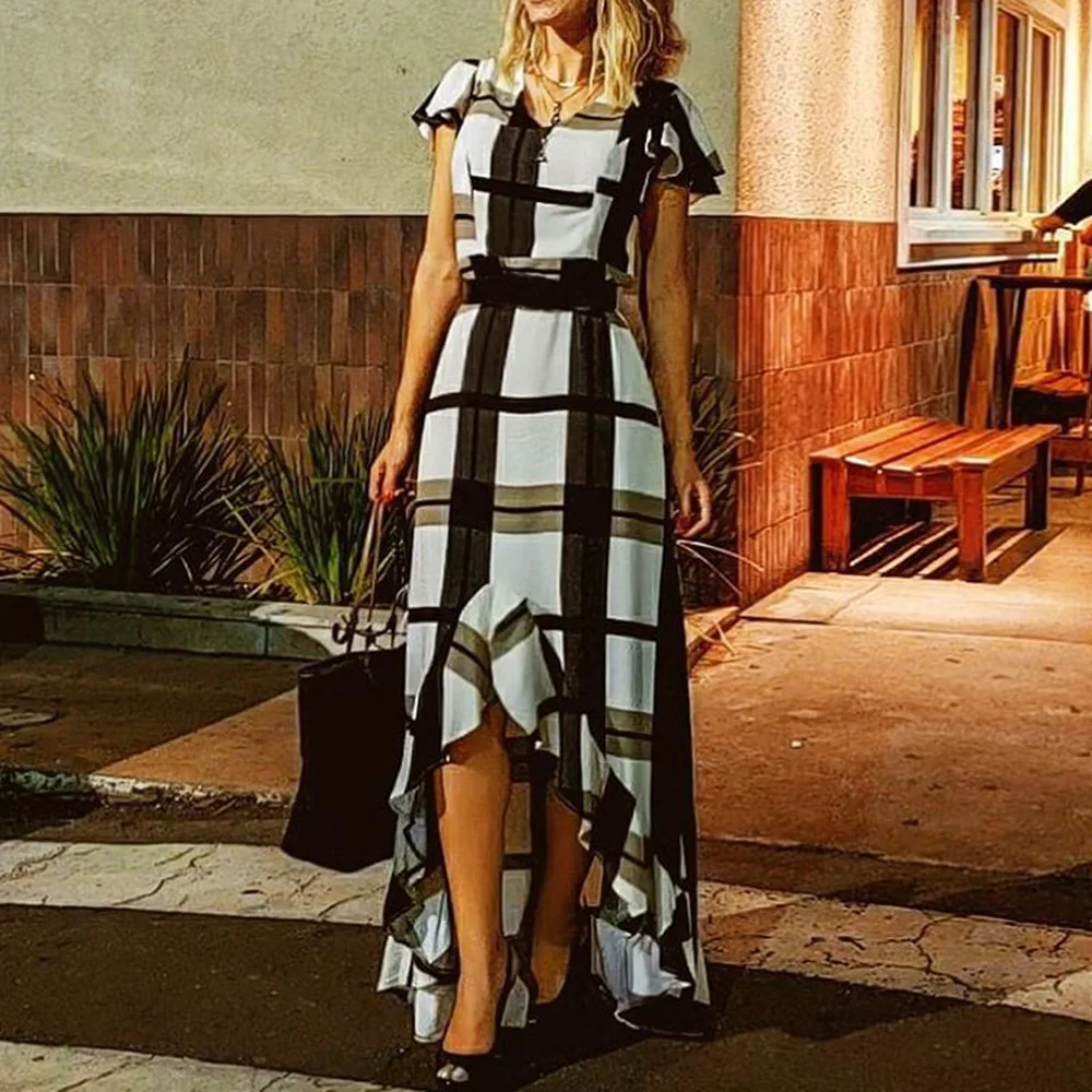 Large Sizes Dress 4XL 5XL Chic Office Lady V Neck Plaid Long Dresses Plus Size Asymmetric Ruffle Women 2021 Summer Maxi Vestidos 
Large Sizes Dress 4XL 5XL Chic Office Lady V Neck Plaid Long Dresses Plus Size Asymmetric Ruffle Women 2021 Summer Maxi Vestidos