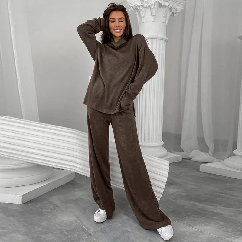 Elegant Turtleneck Casual 2 Pieces Sets Brown Pullover Long Sleeve Split Hem Top Elastic Waist Wide Leg Pants Loose Suits
Elegant Turtleneck Casual 2 Pieces Sets Brown Pullover Long Sleeve Split Hem Top Elastic Waist Wide Leg Pants Loose Suits