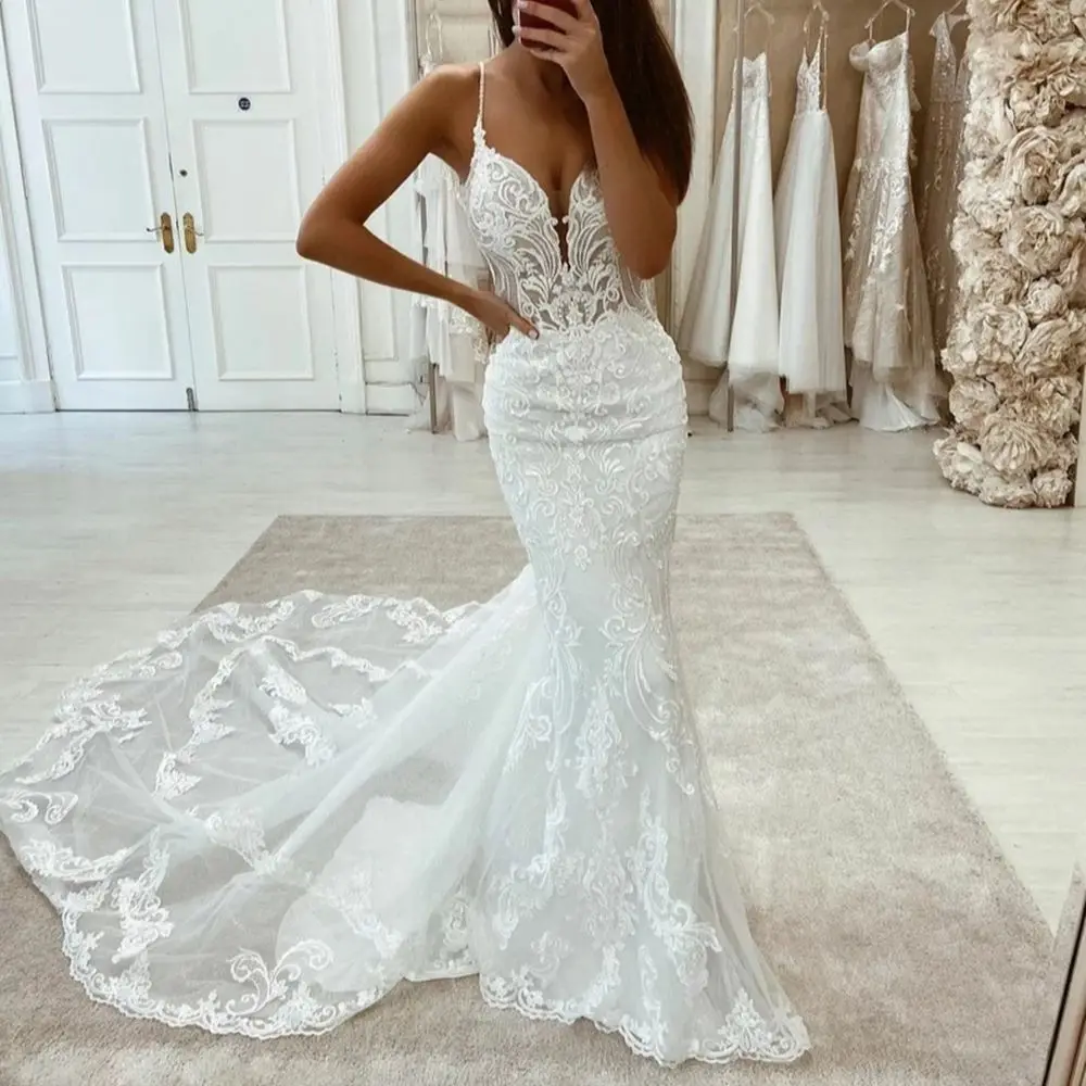 RANMO Boho Wedding Dresses V-Neck Appliques Lace Mermaid Elegant Wedding Gown Spaghetti Strap Sexy Country Bridal Dress 2021
RANMO Boho Wedding Dresses V-Neck Appliques Lace Mermaid Elegant Wedding Gown Spaghetti Strap Sexy Country Bridal Dress 2021
