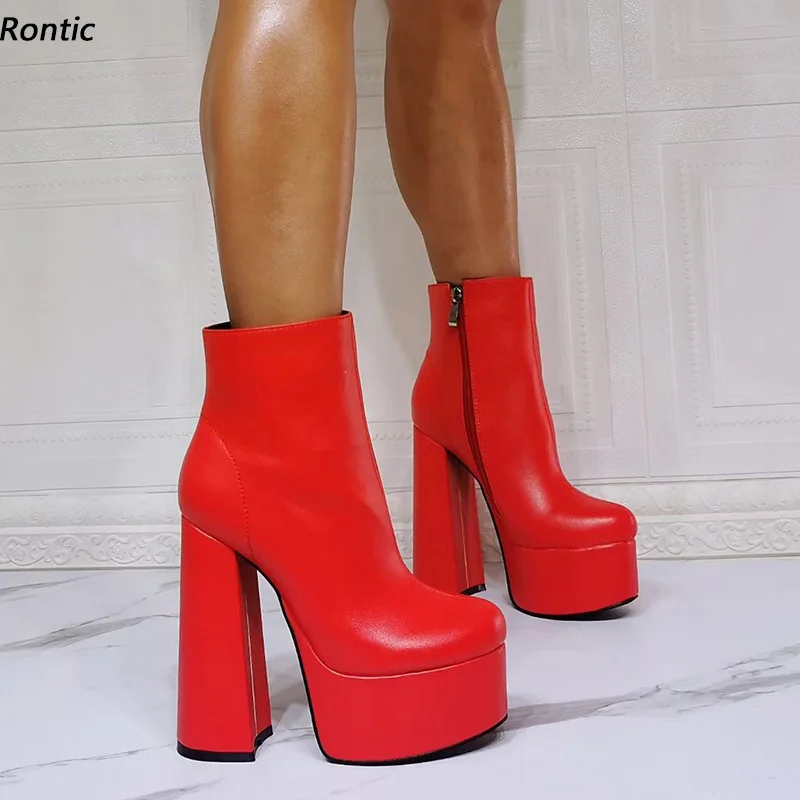 

Rontic Handmade Women Platform Ankle Boots Side Zipper Chunky Heeled Round Toe Gorgeous Red White Pink Party Shoes US Size 5-15