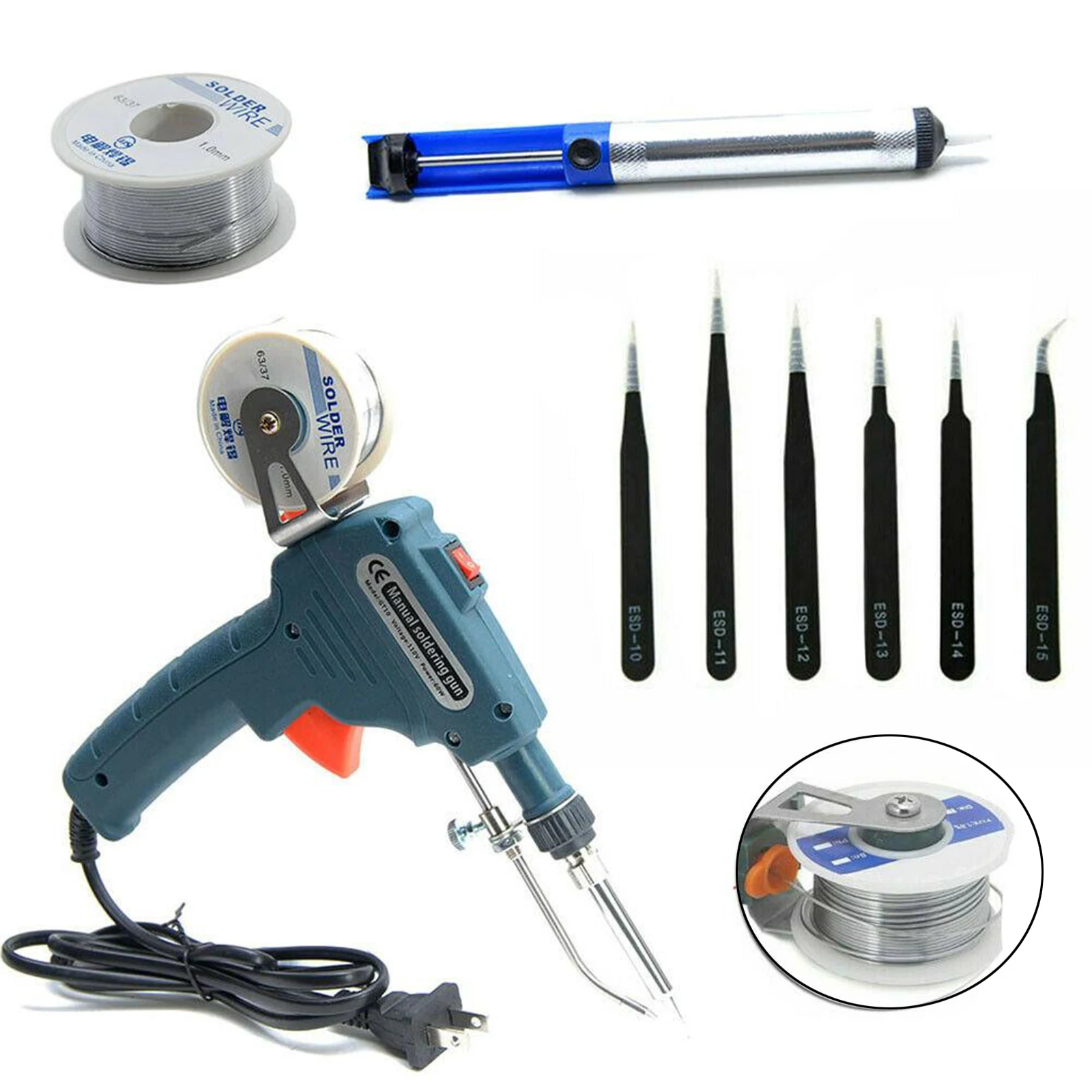 60W Auto Electric Soldering Iron Temperature Gun Handheld Weding Tool Set including Tin Suction Device, Tweezers, US Type
60W Auto Electric Soldering Iron Temperature Gun Handheld Weding Tool Set including Tin Suction Device, Tweezers, US Type