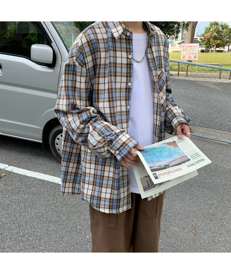 Одежда с длинными рукавами Повседневное рубашка на пуговицах мужские Harajuku плед